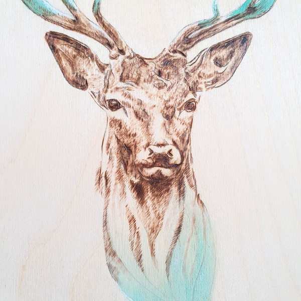 Wood burned Stag Head Art Hand Etched