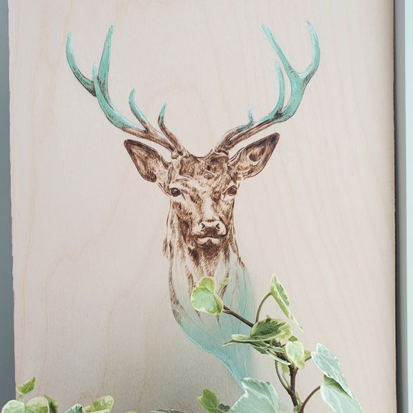 Wood burned Stag Head Art Hand Etched