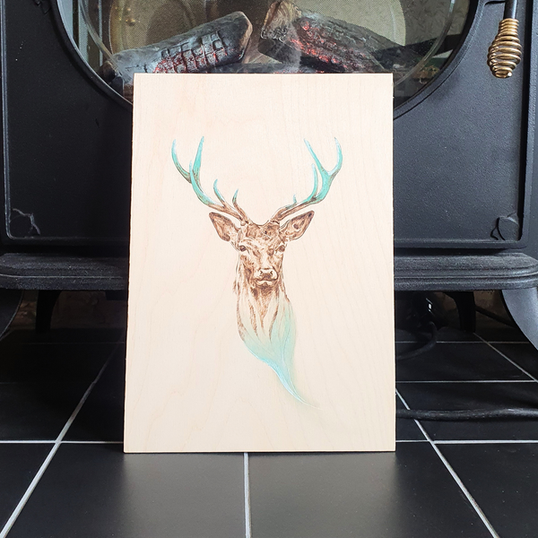 Wood burned Stag Head Art Hand Etched